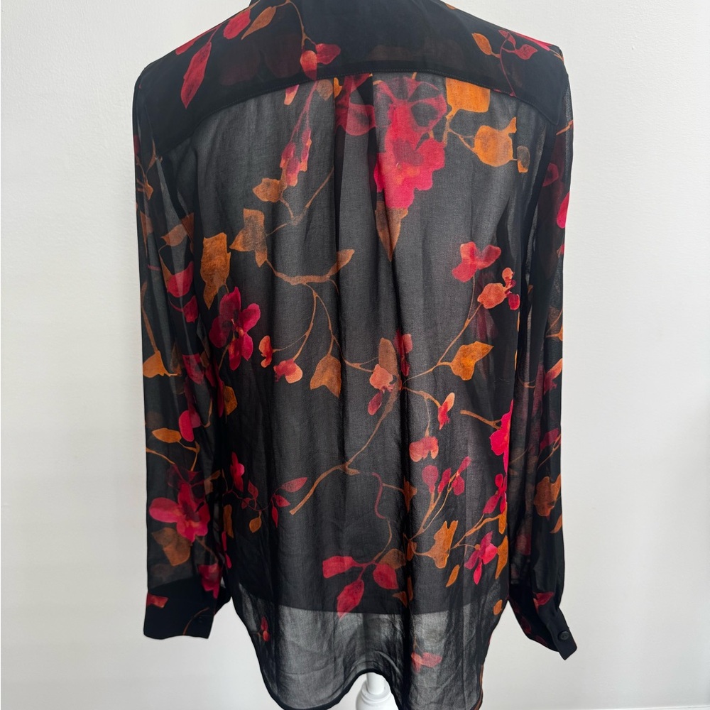 CAbi Black, Orange and Red Floral Ruffle Front Button Down Blouse - Picture 8 of 11